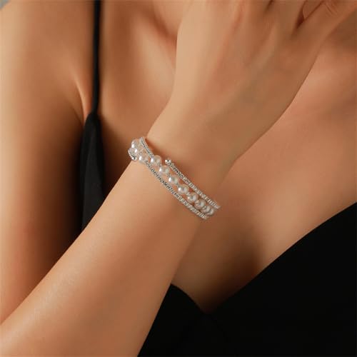 Acekiily Imitation Pearl Stretch Cuff Bracelet for Women Adjustable Multilayer Rhinestone Cuff Bracelet Wedding Brides H