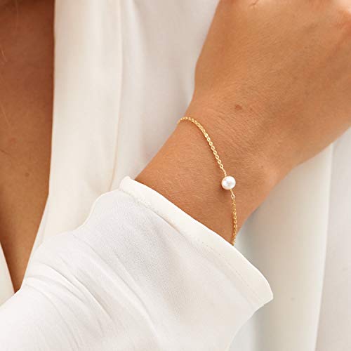 VACRONA Gold Tiny Beaded Bracelet for Women
| 14K Gold Plated Chain Bracelet Adjustable for Women
| Dainty Tiny Pearl B