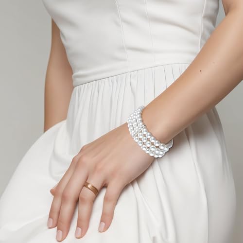 ZEYIYER Multilayered Pearl Stretch Bracelets for Women, 3 Rows White Faux Pearls Wrist Bracelet Set for Daily Wear Weddi