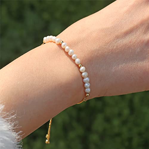Risyfjew Dainty Pearl Chain Bracelets 14K Gold Adjustable for Women Baroque Culture Gifts for Mother Wife