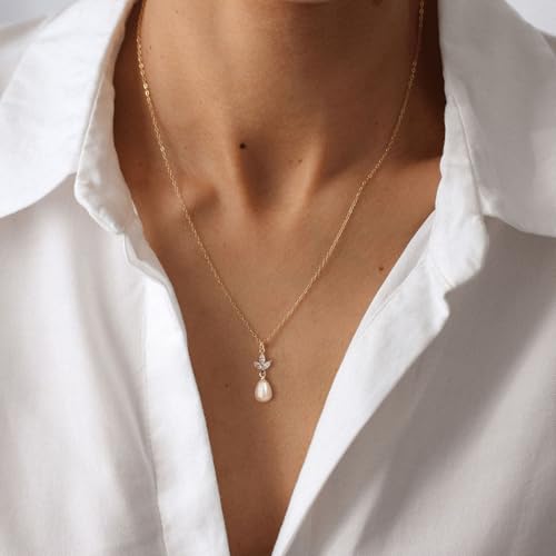 GUOKE Simple Pearl Necklace for Women 14k Gold Plated Daily Wear