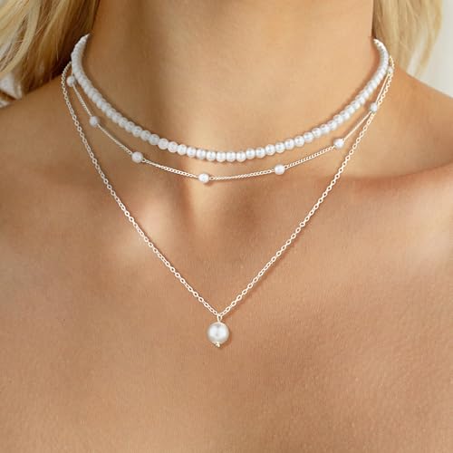 DIBOLA Gold Jewelry Set for Women, Dainty Layered 14K Gold/Silver Pearl Choker Necklaces and Earring Set Pearl Earrings