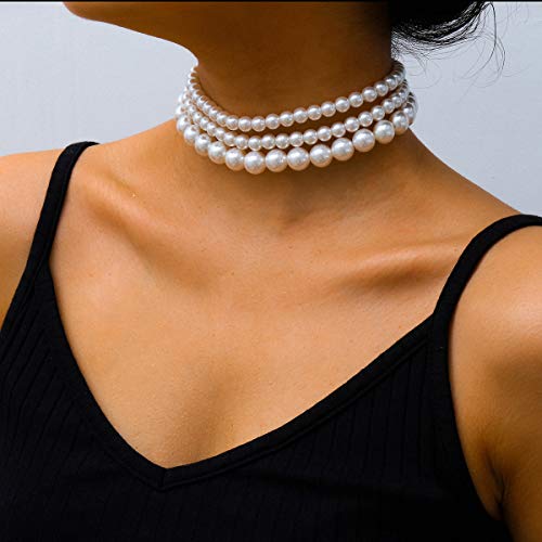 HUJUON Boho Faux Round Pearl Chunky Thick Clavicle Necklace for Women - Wedding Jewelry Gifts