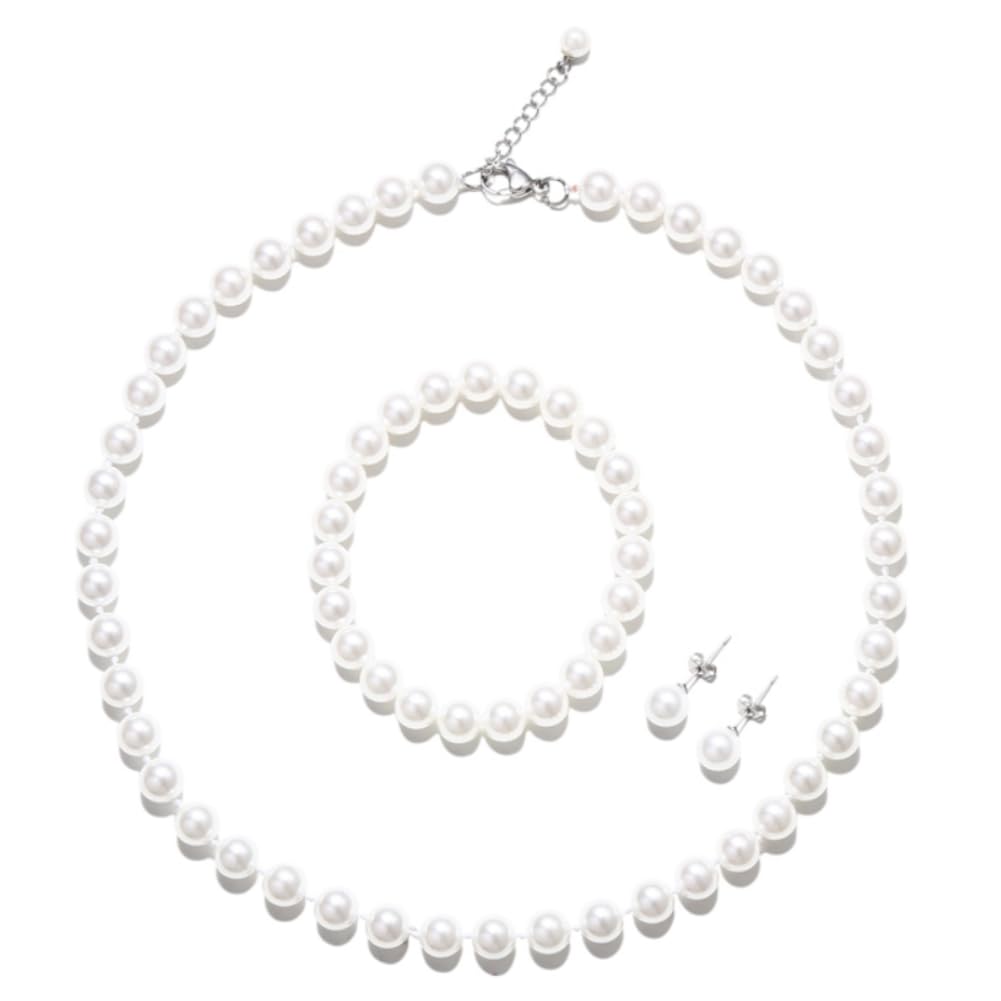 LZMEI White Faux Hand Knotted Glass Imitation Pearls Necklace Earring Jewelry Set for Women and Girls