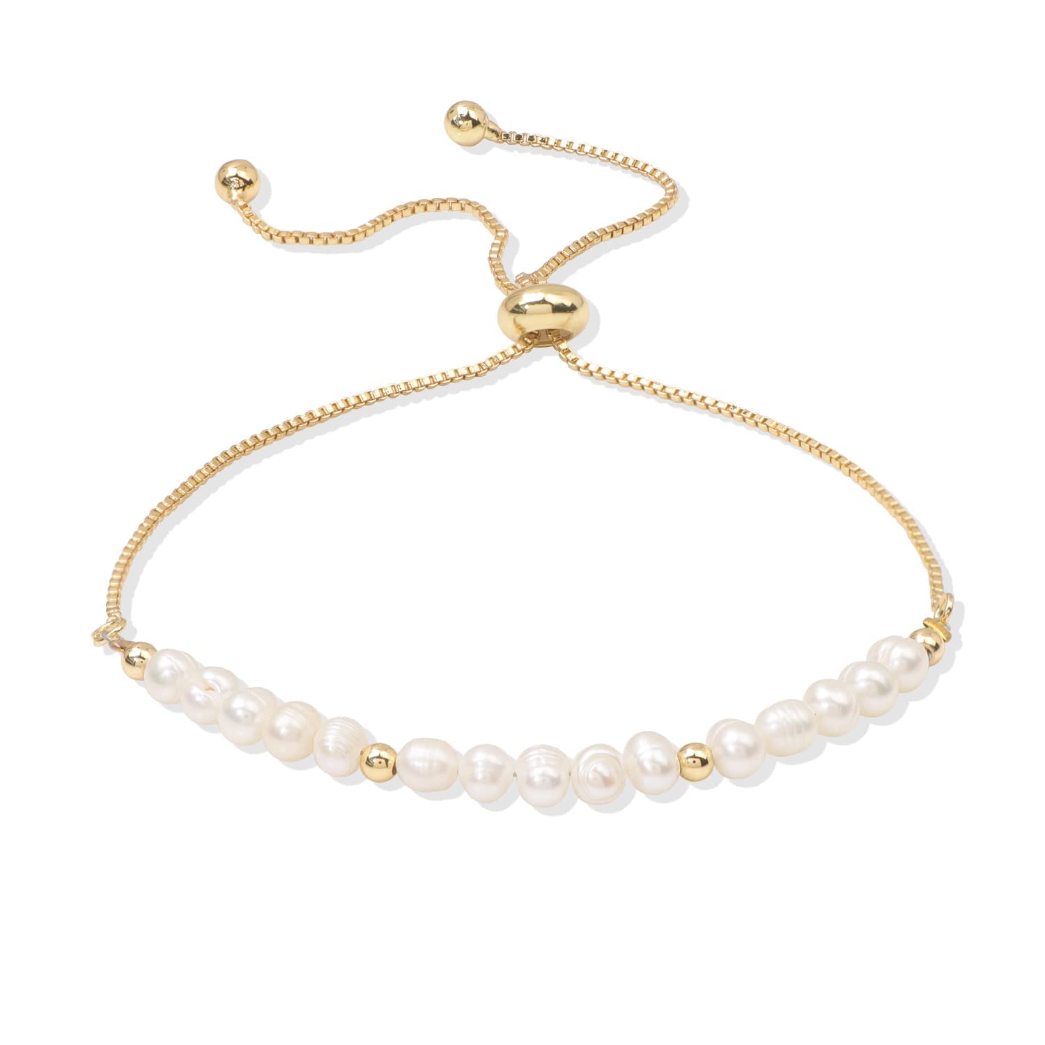 Risyfjew Dainty Pearl Chain Bracelets 14K Gold Adjustable for Women Baroque Culture Gifts for Mother Wife