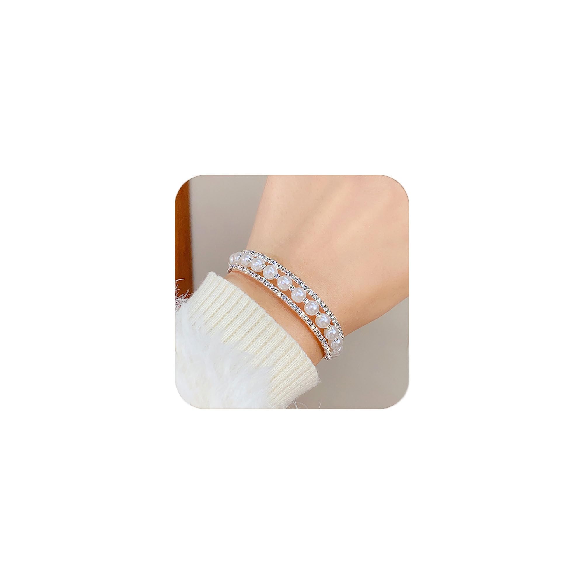 Acekiily Imitation Pearl Stretch Cuff Bracelet for Women Adjustable Multilayer Rhinestone Cuff Bracelet Wedding Brides H