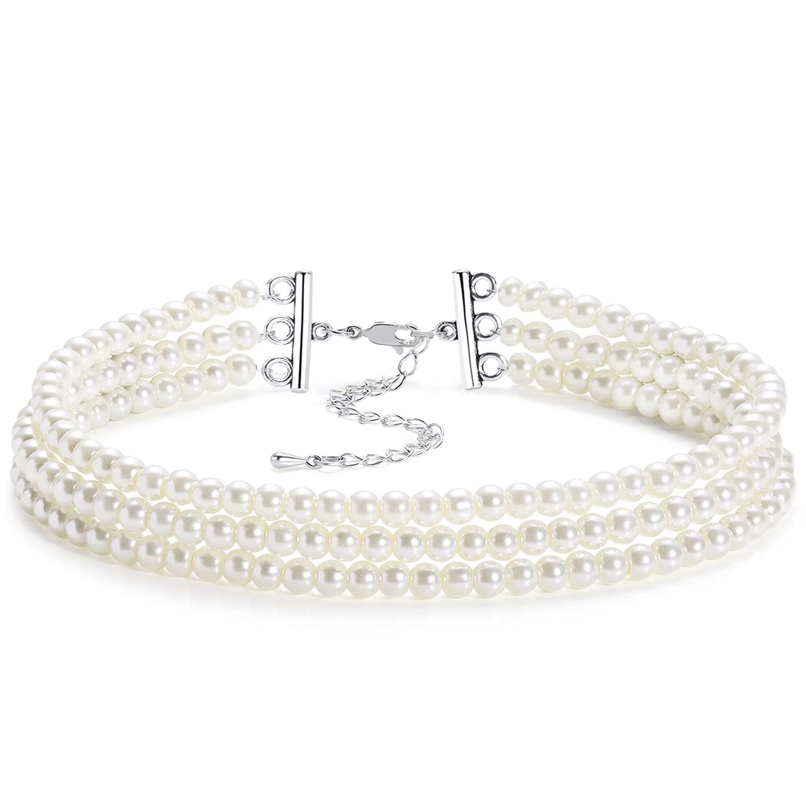BABYNEHD Round Imitation Pearl Choker Necklace for Gatsby Themed Party Multi Strands Choker 20s Flapper Necklace Accesso