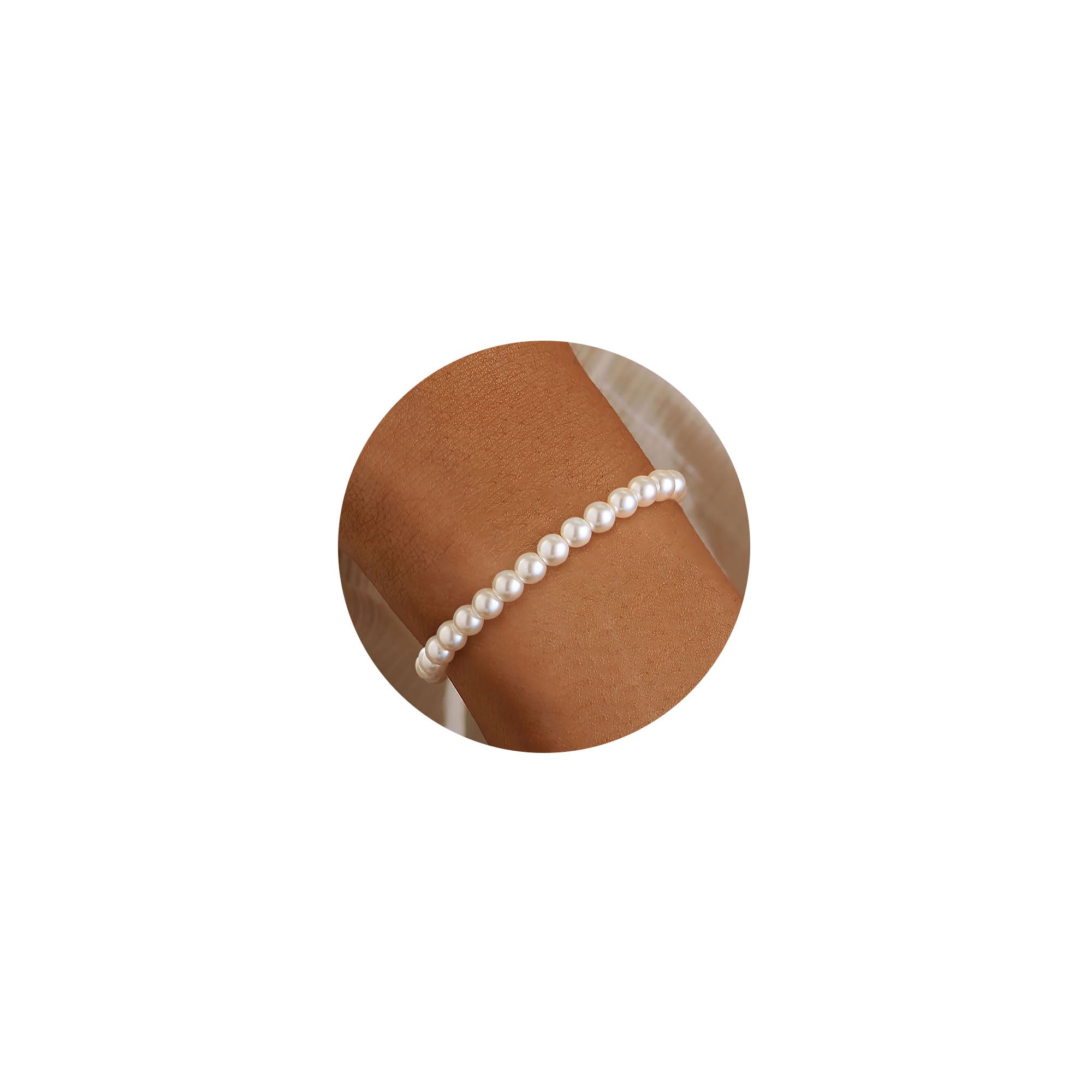 KAERUN Pearl Gold Bracelets for Women Trendy 14K Gold Plated Dainty Pearl Beaded Adjustable Chain Bracelets Non Tarnish