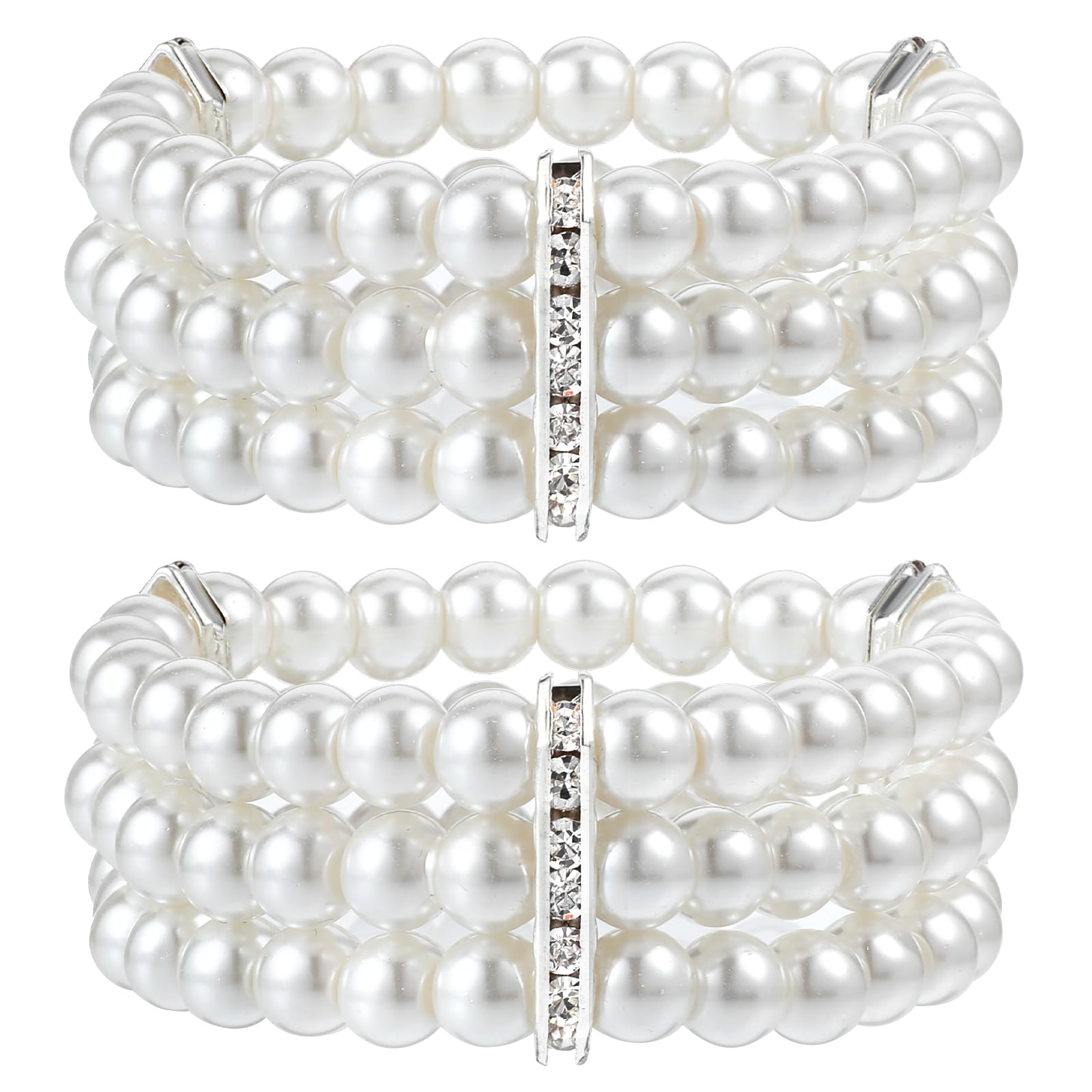 ZEYIYER Multilayered Pearl Stretch Bracelets for Women, 3 Rows White Faux Pearls Wrist Bracelet Set for Daily Wear Weddi
