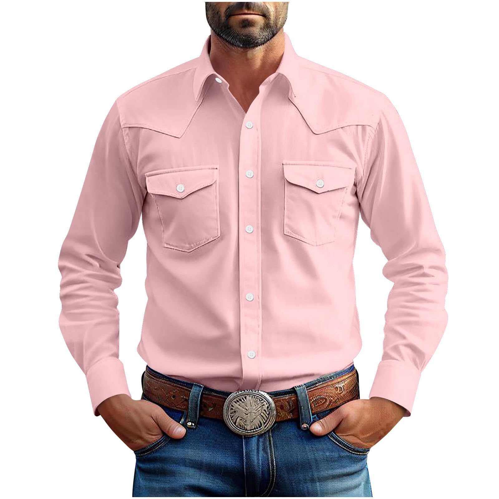 Xiaojmake Western Cowboy Shirts for Men Pearl Snap Button Down Cotton Work T-Shirt Casual Shirts for Men with Pockets